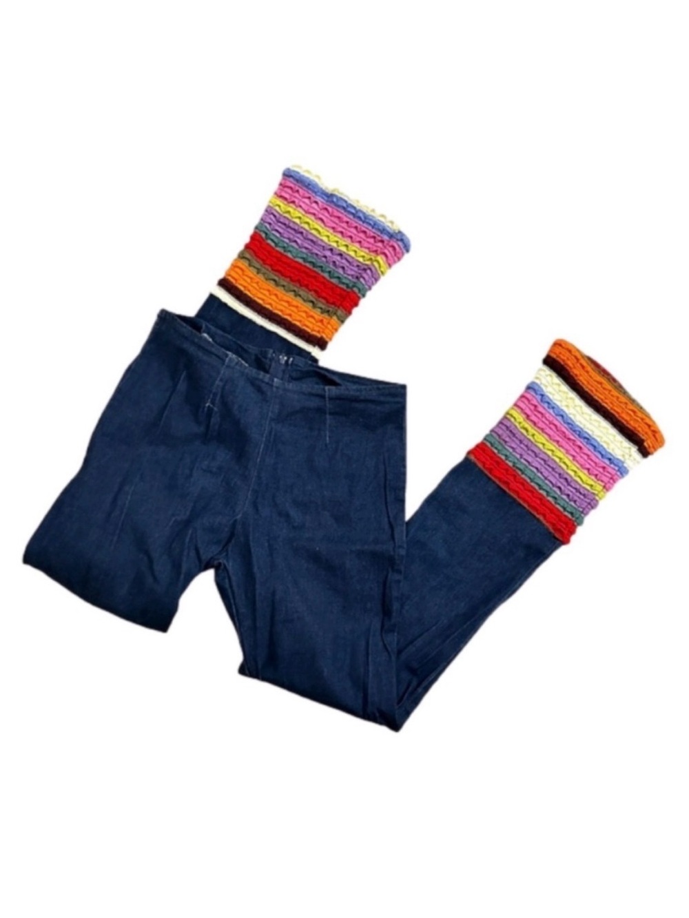 Vintage 90s Rainbow Lace Striped Flares Dark Wash Jeans Women’s Size Medium RARE